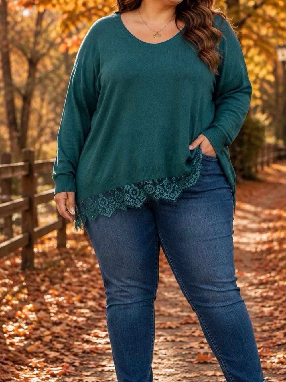 Lane Bryant Teal Scoop-Neck Sweater with Lace Hem